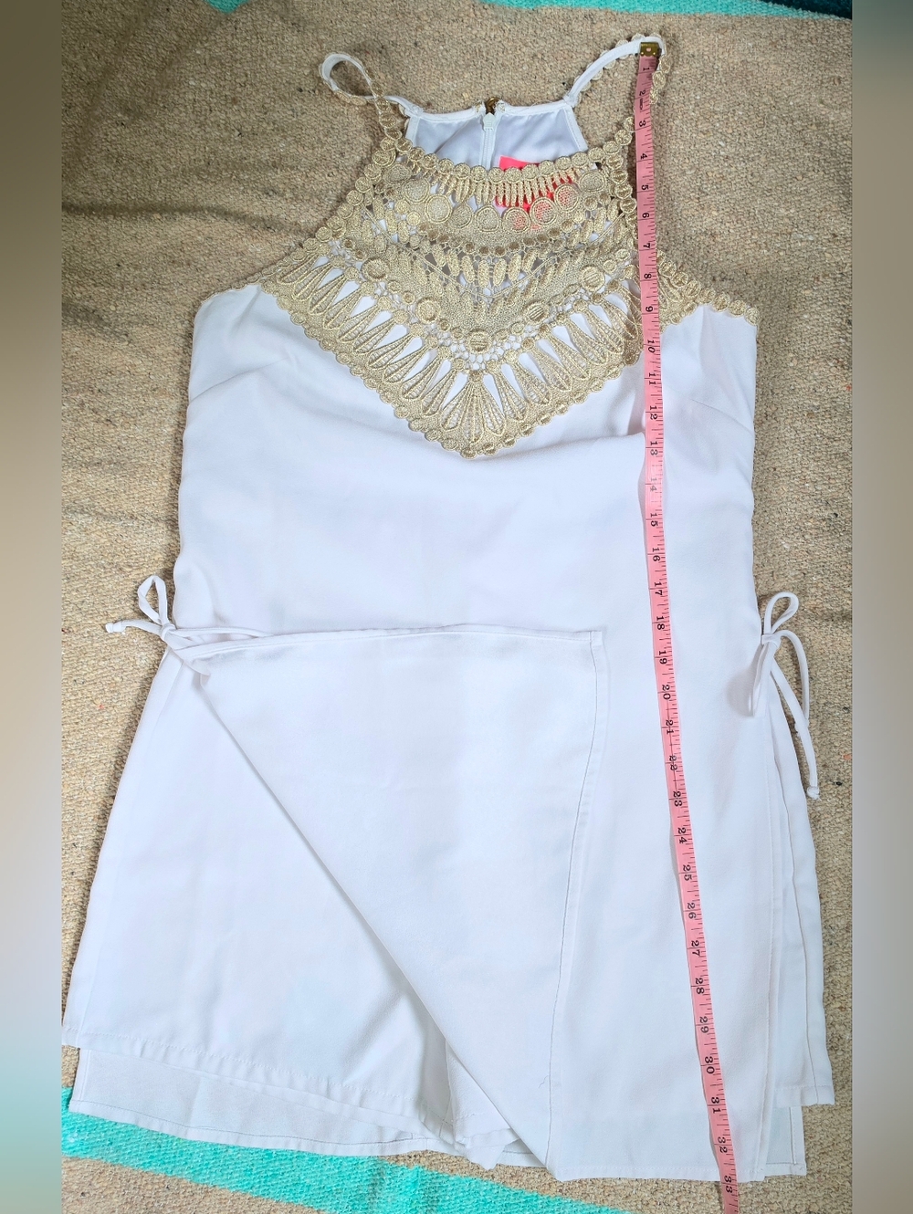 Lilly Pulitzer Pearl Romper Women's 4 Resort White w/ Gold Crochet Yoke Halter - Picture 11 of 14